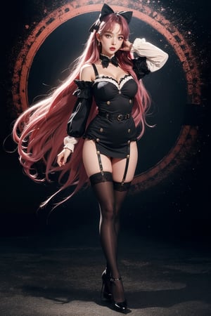 1girl, solo, long hair, breasts, looking at viewer, blush, bangs, blue eyes, large breasts, thighhighs, dress, bow, cleavage, bare shoulders, jewelry, medium breasts, very long hair, closed mouth, full body, pink hair, short sleeves, hair bow, earrings, detached sleeves, shoes, puffy sleeves, black thighhighs, black footwear, black dress, arm up, wrist cuffs, black bow, garter straps, pink bow