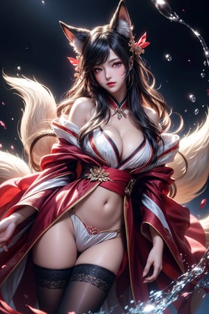 masterpiece,{{{best quality}}},(realistic)),{{{extremely detailed CG unity 8k wallpaper}}},game_cg,(({{1girl}})),{solo}, (beautiful detailed eyes),((shine eyes)),fluffy hair,messy_hair,ribbons,hair_bow,{flowing hair}, (glossy hair), (Silky hair),((stockings)),(((gorgeous fractual 
kimono)))cold smile,stare,cape,,{({lacy}) ({{misty}}),(Brilliant light),cinematic lighting,((thick_coating)),(glass tint),(watercolor),(Ambient light),long_focus,(Colorful blisters), dynamic movement, background nine tails fox spirit, sexy body, shiny skin,yaohu, upperbody, fox goddess, sexual environment, love bubbles, fox spirit fire,bsp