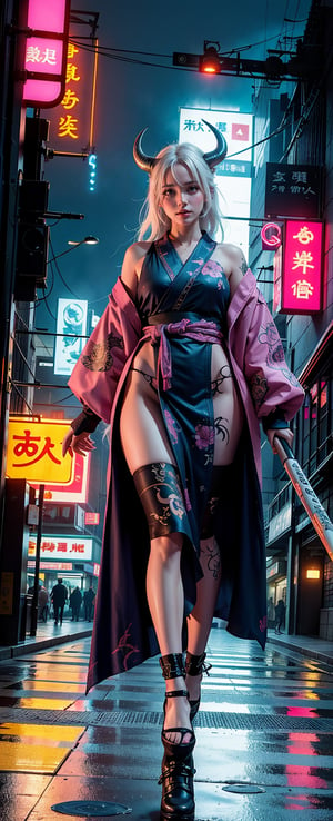 In a cyberpunk cityscape with vibrant neon lights and misty rain, the masterful albino demon queen stands tall, her long complex horns reaching 1.2 meters in length. She wears a hakama and gaiter, adorned with intricate kanji tattoos on her arms. Her kimono flows wide open, revealing a beautiful tattoo of a dragon on her back. The photo-booster effect of the city's lights enhances her glowing tat, as she confidently strides through the neon-lit streets.