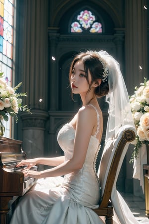 (Masterpiece), (a beautiful girl with her head lowered, wearing a wedding dress, playing the piano), in the church, sitting on a chair, from the side, the middle, focus on the upper body, dreamy petals, sea of ​​flowers,midjourney,blessedtech