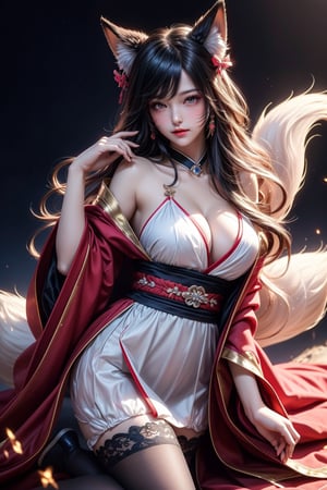 masterpiece,{{{best quality}}},(realistic)),{{{extremely detailed CG unity 8k wallpaper}}},game_cg,(({{1girl}})),{solo}, (beautiful detailed eyes),((shine eyes)),fluffy hair,messy_hair,ribbons,hair_bow,{flowing hair}, (glossy hair), (Silky hair),((stockings)),(((gorgeous fractual 
kimono)))cold smile,stare,cape,,{({lacy}) ({{misty}}),(Brilliant light),cinematic lighting,((thick_coating)),(glass tint),(watercolor),(Ambient light),long_focus,(Colorful blisters), dynamic movement, background nine tails fox spirit, sexy body, shiny skin,yaohu, upperbody, fox goddess, sexual environment, love bubbles, fox spirit fire,bsp