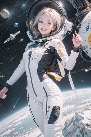 Masterpiece, beautiful details, perfect focus, uniform 8K wallpaper, high resolution, exquisite texture in every detail,
1 girl, blue eyes, clear shining deep eyes, smile, happy, open mouth,
break
Recreate the iconic look of early space explorers with this classic astronaut costume. Start with a white jumpsuit or bodysuit to emulate the sleek, futuristic look of a space suit. Add a patch or badge representing your space agency or mission's insignia to your spacesuit to add credibility.
break
Incorporate silver or metallic accents on belts, buckles, and zippers to evoke the metal components of a space suit. Complete the costume with white or silver gloves, boots, and helmet or space helmet props. With this costume you will: Embodying the spirit of adventure and exploration,
break
pastel,perfect light