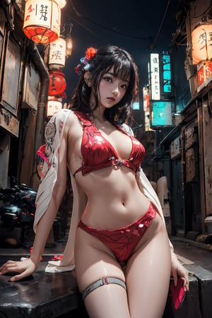 Sexy Pose , (masterpiece),(solo, look at viewers ), 1 Japanese beauty, white long hair, attractive , in the dark night, (sexy colorful kimono+body implants) ,(highly detailed background of ancient Japanese achitechture with neon lights) ,Cyberpunk,a traditional Japanese art 