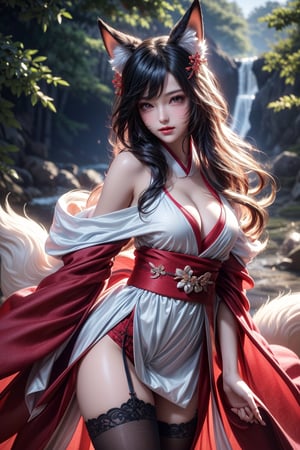 masterpiece,{{{best quality}}},(realistic)),{{{extremely detailed CG unity 8k wallpaper}}},game_cg,(({{1girl}})),{solo}, (beautiful detailed eyes),((shine eyes)),fluffy hair,messy_hair,ribbons,hair_bow,{flowing hair}, (glossy hair), (Silky hair),((stockings)),(((gorgeous fractual 
kimono)))cold smile,stare,cape,,{({lacy}) ({{misty}}),(Brilliant light),cinematic lighting,((thick_coating)),(glass tint),(watercolor),(Ambient light),long_focus,(Colorful blisters), dynamic movement, background nine tails fox spirit, sexy body, shiny skin,yaohu, upperbody, fox goddess, sexual environment, love bubbles, fox spirit fire,bsp