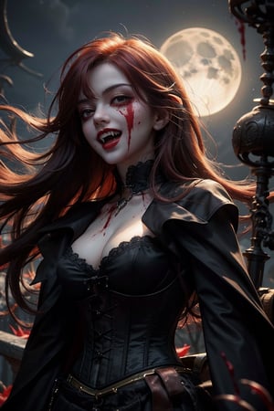 1girl, portrait, vampire, red hair, corset, skirt, fangs, floating, looking_at_viewer, moonlight, night, bloody stream, blood_on_face, evil smile, from below, blood, blood wisp the air, rivers of blood,More Detail