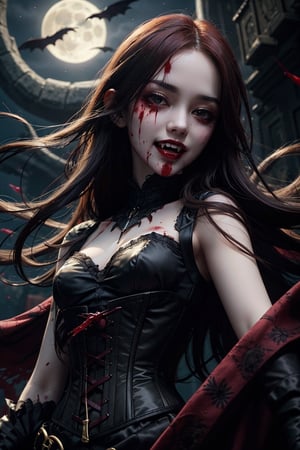 1girl, portrait, vampire, red hair, corset, skirt, fangs, floating, looking_at_viewer, moonlight, night, bloody stream, blood_on_face, evil smile, from below, blood, blood wisp the air, rivers of blood,More Detail