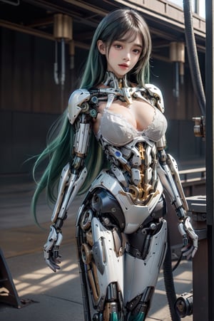 High-resolution photo, (((1 semi-mechanical beautiful female))) girl (long straight green hair with blunt bangs), (clearly gray eyes, ombre lips, soft makeup), large breast, hourglass body, flawless body texture, wearing white floral lingerie,  (((human body combined with mechanical components))),mecha musume