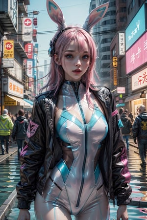 1girl, solo, jacket, choker, long blue and pink hair, full lips, black bunny ears, blue eyes, bodysuit , realistic, wet,Cyberpunk