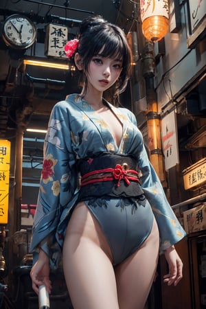 Sexy Pose , (masterpiece),(solo, look at viewers ), 1 Japanese beauty, white long hair, attractive , in the dark night, (sexy colorful kimono+body implants) ,(highly detailed background of ancient Japanese achitechture with neon lights) ,Cyberpunk,a traditional Japanese art 