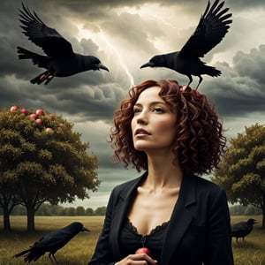 Hieronymus Bosch painting style of a beautiful woman with brown & pink curly hair, crows and an apple pecked by crows. her hair moving in the wind. dark clouds and a thunder in a fantasy forest,photorealistic