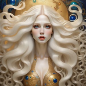(((Gustav Klimt oil painting))) A (((stunningly drawn beautiful woman)) with (((incredibly long, thick, cascading pale white hair))), which flows down in luxurious waves and curls, covering her face and body, framed by a (((vibrant, perfect sphere of light))) (((perfect eyes))) (((piercing eyes))),Apoloniasxmasbox