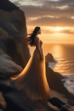 Visualize. A beautiful black-haired supermodel stands on a cliff overlooking the ocean at sunset, golden rays highlighting her flowing hair and elegant evening gown.
