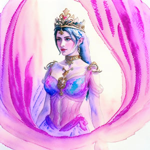 A luxuriously drawn (((translucent watercolor fantasy flowers queen scene))), intricate details and ornate patterns giving off a delicate, otherworldly glow, with a gracefully posed female figure at its center, her long locks and regal posture reflecting an air of serene elegance,Illustration