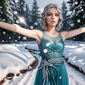 A (((beautiful woman))) with flowing, silver-white hair styled in a (((tousled, wavy look))), complemented by striking, blue eyes and striking, long lashes. Her attire is a (((sparkling, sheer blue dress))), which complements her figure against a backdrop of a (((snowy, winter scene))). The image exudes an ethereal, enchanting vibe, with photorealistic, advanced lighting trends popular on ArtStation