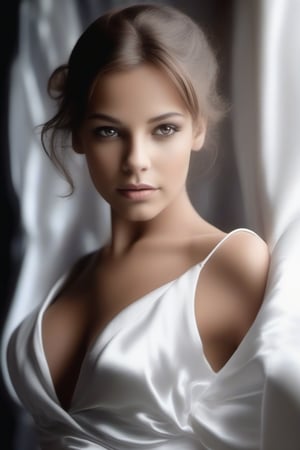 Beautiful young woman in white satin. (((sexy, romantic, dark))).