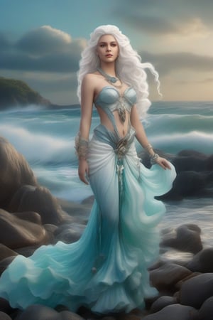 Venus, a beautiful white-haired young supermodel dressed as a sea goddess, with a flowing aquamarine and white dress and intricate accessories of seashells and sea foam. She stands on a rocky shore with waves crashing dramatically behind her.