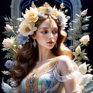A luxuriously drawn (((translucent watercolor fantasy flowers queen scene))), intricate details and ornate patterns giving off a delicate, otherworldly glow, with a gracefully posed female figure at its center, her long locks and regal posture reflecting an air of serene elegance,Illustration,ELIGHT