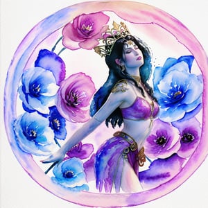 A luxuriously drawn (((translucent watercolor fantasy flowers queen scene))), intricate details and ornate patterns giving off a delicate, otherworldly glow, with a gracefully posed female figure at its center, her long locks and regal posture reflecting an air of serene elegance,Illustration
