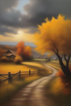 The captivating landscape painting depicts a peaceful landscape during the golden hour with a beautiful golden yellow tree dominating the left side. A winding dirt path bordered by wooden fences beckons the viewer to venture deeper into the idyllic scene. The sky is a fascinating tapestry of dark storm clouds and lighter golden hues, suggesting either the remnants of a storm or the anticipation of one. In the background there are trees bathed in autumn colors, which complement the rich palette of the picture. The masterpiece expertly combines the calm of the landscape and the tension of the approaching storm