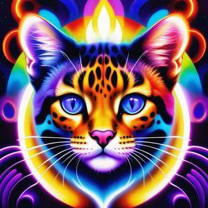 A (((spectrogram))) representing a (((Leopard cat))) with intricate chain patterns, its transparent blue eyes surrounded by a (((halo))) emitting a (((violet, blue and fire light aura))), swirls of vivid colors interwoven with an (optical illusion of tetration) creating a surreal and fantastical scene with a (Mark Ryden-esque aesthetic).