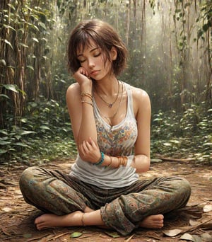1girl, solo, short hair, brown hair, jewelry, sitting, closed eyes, barefoot, pants, bracelet, tank top, realistic, indian style