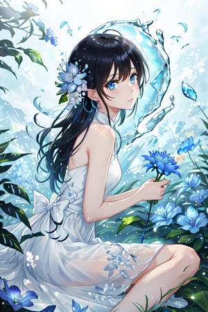 1girl, solo,right side, holding a blue flower, sitting, from the side, looking at viewer, blue eyes, black hair, long hair, bangs, sad, blue chinese earring, wear white cool clothe, flower, file , lens flare, glass art, glitter, glint, light particles,floral dress,perfect,Tekeli, simple background,hand