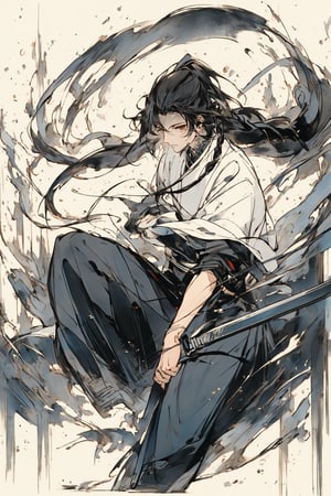 light color, masterpiece, bottom up shot/angle, boutique, aesthetic, (1boy, solo, cheongsam, white long hair, single braid,) , (model picture), (full body, holding weapon, one knee, beautiful hands, Chinese martial arts master, fighting stance, beautiful boy, night, moon starry sky, Milky Way starry sky watercolor background \(center\), very detailed, lens flare, glass art, glitter, glint, ,midjourney portrait