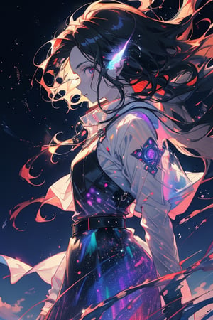 a female character with long, flowing hair that appears to be made of ethereal, swirling patterns resembling the Northern Lights or Aurora Borealis. The background is dominated by deep blues and purples, creating a mysterious and dramatic atmosphere. The character's face is serene, with pale skin and striking features. She wears a dark-colored outfit with subtle patterns. The overall style of the artwork is reminiscent of fantasy or supernatural genres.
, looking at viewer, flowers, profile, lens flare, glass art, glitter, glint, light particles,girl,glowing forehead,CLOUD