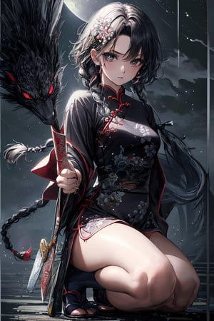  Japanese comics, light color, masterpiece, bottom up shot/angle, boutique, aesthetic, 
(1girl, solo, cheongsam, white long hair, single braid,) , (model picture), (full body, holding weapon, one knee, beautiful hands, Chinese martial arts master, fighting stance, beautiful boy, night, moon starry sky, Milky Way starry sky watercolor background \(center\), very detailed, Full-screen background, 
lens flare, glass art, glitter, glint,
,midjourney portrait