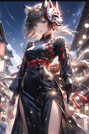 Japanese comics, light color, masterpiece, bottom up shot/angle, boutique, aesthetic, 1girl, solo, cheongsam, long hair, wear black fox mask,  (model picture), (full body), perfect legs, perfect hands, Chinese martial arts master, fighting stance, beautiful boy, night, moon starry sky, Milky Way starry sky watercolor background \(center\), very detailed, 
 lens flare, glass art, glitter, glint, light, 
midjourney portrait,girl,CLOUD,FuturEvoLabFlame,FuturEvoLabLightning,Thunder Flash,Lightning aura,lass,blue eyes,short hair,amagi_hiiro,taniguchi