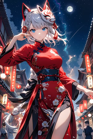 Japanese comics, light color, masterpiece, bottom up shot/angle, boutique, aesthetic, (1girl, solo, cheongsam, white long hair, single braid, wear half fox mask,)  (model picture), (full body), perfect legs, perfect hands, Chinese martial arts master, fighting stance, beautiful boy, night, moon starry sky, Milky Way starry sky watercolor background \(center\), very detailed, 
 lens flare, glass art, glitter, glint, light, 
midjourney portrait,girl,CLOUD,FuturEvoLabFlame,FuturEvoLabLightning,Thunder Flash,Lightning aura,lass,blue eyes,short hair,amagi_hiiro,taniguchi