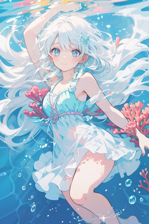 (masterpiece:1.0), (highest quality:1.12), (HDR:1.0), a girl, white long hair, close eyes, full body, beautiful body, dancing, Floating in the water, illustration, cover art, (black:1.2), (portrait), coral background, splash, (Mermaid:0.7) ,noc-mgptcls