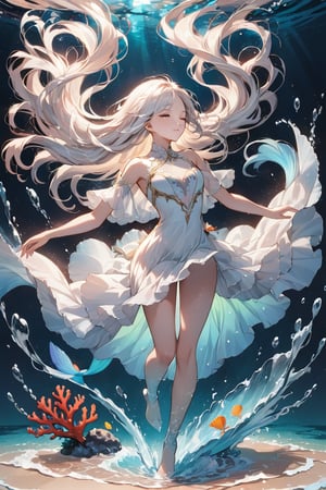 (masterpiece:1.0), (highest quality:1.12), (HDR:1.0), a girl, white long hair, close eyes, full body, beautiful body,  dancing, Floating in the water, illustration, cover art, (black:1.2), (portrait), coral background, splash, (Mermaid:0.7) ,noc-mgptcls
