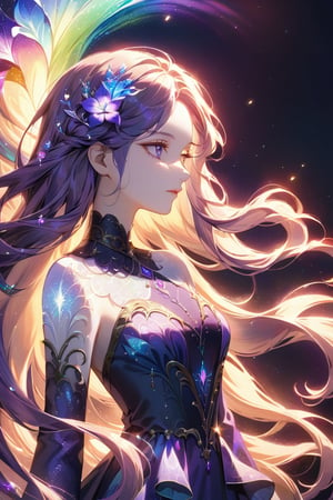 a female character with long, flowing hair that appears to be made of ethereal, swirling patterns resembling the Northern Lights or Aurora Borealis. The background is dominated by deep blues and purples, creating a mysterious and dramatic atmosphere. The character's face is serene, with pale skin and striking features. She wears a dark-colored outfit with subtle patterns. The overall style of the artwork is reminiscent of fantasy or supernatural genres. 
flowers, profile, lens flare, glass art, glitter,  glint,  light particles,