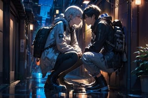 1boy with black short hair sitting on the road, 1girl sad with white long hair squatting, looking at each other,  long sleeves, jacket, male focus, boots, outdoors, shoes, pants, hood, bag, black footwear, from side, hoodie, profile, night, pants, backpack , hood down, plant, building, backlighting, reflection, rain, city, puddle, Fireflies, bokeh light dust, , best quality, Rainy Day,