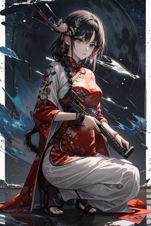  Japanese comics, light color, masterpiece, bottom up shot/angle, boutique, aesthetic, 
(1girl, solo, cheongsam, white long hair, single braid,) , (model picture), (full body, holding weapon, one knee, beautiful hands, Chinese martial arts master, fighting stance, beautiful boy, night, moon starry sky, Milky Way starry sky watercolor background \(center\), very detailed, Full-screen background, 
lens flare, glass art, glitter, glint,
,midjourney portrait