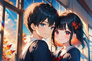 Masterpiece, beautiful details, perfect focus, uniform 8K wallpaper, high resolution, exquisite texture in every detail,
source_anime, Selfie,  a girl and a boy standing in front of blackboard. , looking at viewer, couple, 
(1girl, long black hair, straight bangs, blue eyes, british school uniform dress, ) , 
(1boy, short white hair, red eyes, wear black cool  british school uniform, ) , 
bangs, from the side, 
shy, smile, happy, closed_eyes, 
indoors, school, classroom, window, sky, day, clouds, autumn_leaves, autumn,  
profile, lens flare, glass art, glitter,  glint,  light