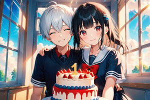 Masterpiece, beautiful details, perfect focus, uniform 8K wallpaper, high resolution, exquisite texture in every detail,
source_anime, Selfie, 
A girl and a boy holding first anniversary birthday cake, 
(1girl, long black hair, straight bangs, blue eyes,  school uniform dress, ) , 
(1boy, short white hair, red eyes, wear black cool   school uniform, ) , 
bangs, stand, looking at viewer, celebrate, 1year birthday party,
smile, happy, closed_eyes, 
indoors, school, classroom, window, sky, day, clouds, summer,  
profile, lens flare, glitter,  glint,  light