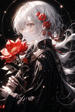 1boy, solo, holding red flower, standing, from the side, red eyes, white hair, short hair, bangs, sad, red chinese earring, wear black cool clothe, flowers, black background, profile, lens flare, glass art,glitter, glint, light particles,