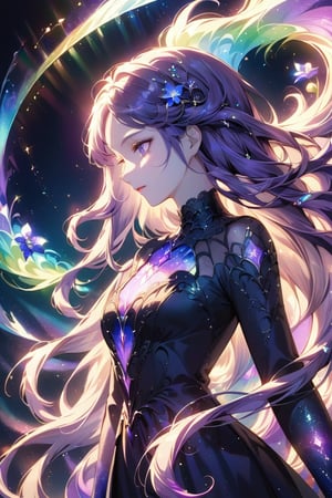 a female character with long, flowing hair that appears to be made of ethereal, swirling patterns resembling the Northern Lights or Aurora Borealis. The background is dominated by deep blues and purples, creating a mysterious and dramatic atmosphere. The character's face is serene, with pale skin and striking features. She wears a dark-colored outfit with subtle patterns. The overall style of the artwork is reminiscent of fantasy or supernatural genres. 
flowers, profile, lens flare, glass art, glitter,  glint,  light particles,