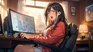 anime young girl, ((solo)), girl focus ,mature female, Long hair, very angry expression, screaming, anger, anger vein, sitting in gaming chair, (joystick in hands, flight stick, gamepad, game controller, video game), computer, monitor, gameover, indoor, bedroom, curtains, windows, curtains, windows, detailed eyes, highly detailed, high resolution, cowboy shot, blurry background