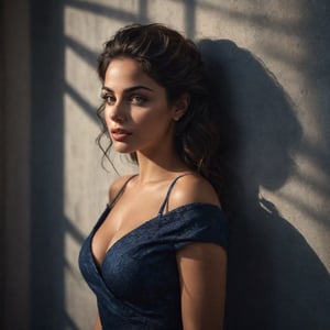high quality, 8K Ultra HD, hyper-realistic full body portrait of a captivating latina woman, captivating look. The woman is portrayed in a moonlit setting, her features bathed in a soft, diffused glow that accentuates the delicate nuances of her expression and elegant curved body. The scene features a latina female, leaning against a wall with her arms raised, eyes closed in a moment of raw emotion. Her attire is minimal, accentuating the curves of her elegant slim body and the dramatic shadows cast by the lighting. The background is stark, with sharp contrasts highlighting the contours of her form. The blue and black palette intensifies the mood, evoking a sense of mystery and allure. Subtle film grain and meticulous shading add depth and texture, emphasizing the emotional gravity of the scene. The lighting creates a chiaroscuro effect, accentuating her expressive pose and the intense atmosphere, 1girl, full body, beautiful girl, detailed cute face, cute eyes, detailed lips, highly de