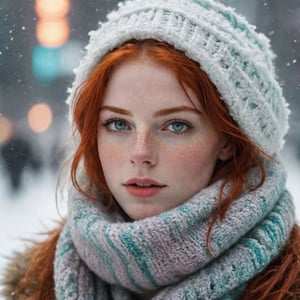 Face behind wooly scarf, Petite redhead Woman in snow, Freckles, face Closeup, face Hidden behind Pastell neon Striped wooly scarf, only blushed flirting eyes visiblevery Detailed, awesome Quality, reflecting, luminescent, translucent, Ethereal, Aura, 80s DARK dystopian Blade Runner Flair, very detailed, uhd, masterpiece, White smoke, light beams through smoke,