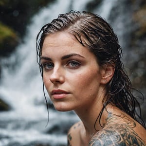 Macro portrait, top-down view, woman aged twenty-five years, tattooed, wet hair, in a waterfall, water, drops, splash