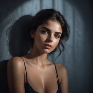 high quality, 8K Ultra HD, hyper-realistic full body portrait of a captivating latina woman, captivating look. The woman is portrayed in a moonlit setting, her features bathed in a soft, diffused glow that accentuates the delicate nuances of her expression and elegant curved body. The scene features a latina female, leaning against a wall with her arms raised, eyes closed in a moment of raw emotion. Her attire is minimal, accentuating the curves of her elegant slim body and the dramatic shadows cast by the lighting. The background is stark, with sharp contrasts highlighting the contours of her form. The blue and black palette intensifies the mood, evoking a sense of mystery and allure. Subtle film grain and meticulous shading add depth and texture, emphasizing the emotional gravity of the scene. The lighting creates a chiaroscuro effect, accentuating her expressive pose and the intense atmosphere, 1girl, full body, beautiful girl, detailed cute face, cute eyes, detailed lips, highly de