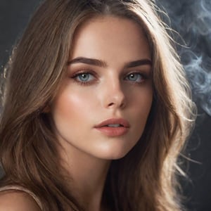 Close-up of a beautiful young woman, elegant long hair, with ambient light from the side, thin lips with gloss, fertile, sultry expression, hazy dreamy eyes, eye lids, blushing, half open mouth, biting lip, light makeup, warm, moist, oily complexion, fog and smoke