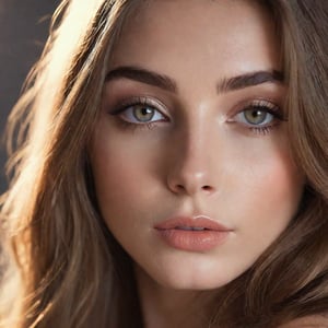 Close-up of a beautiful young woman, elegant long hair, with ambient light from the side, thin lips with gloss, fertile, sultry expression, hazy dreamy eyes, eye lids, blushing, half open mouth, biting lip, light makeup, warm, moist, oily complexion, fog and smoke