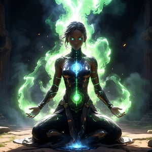 RealtimeVFX , Game Effects, Game VFX ,  Aura around player, healing energy, magical shape on ground that emitting energy and flowing upward , smoke and fluid behaviour, inpired from Artstation Artwork 