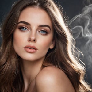 Close-up of a beautiful young woman, elegant long hair, with ambient light from the side, thin lips with gloss, fertile, sultry expression, hazy dreamy eyes, eye lids, blushing, half open mouth, biting lip, light makeup, warm, moist, oily complexion, fog and smoke
