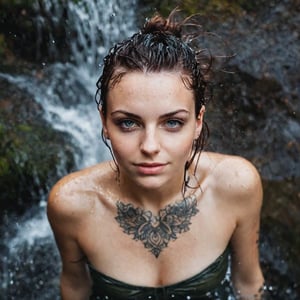 Macro portrait, top-down view, woman aged twenty-five years, tattooed, wet hair, in a waterfall, water, drops, splash
